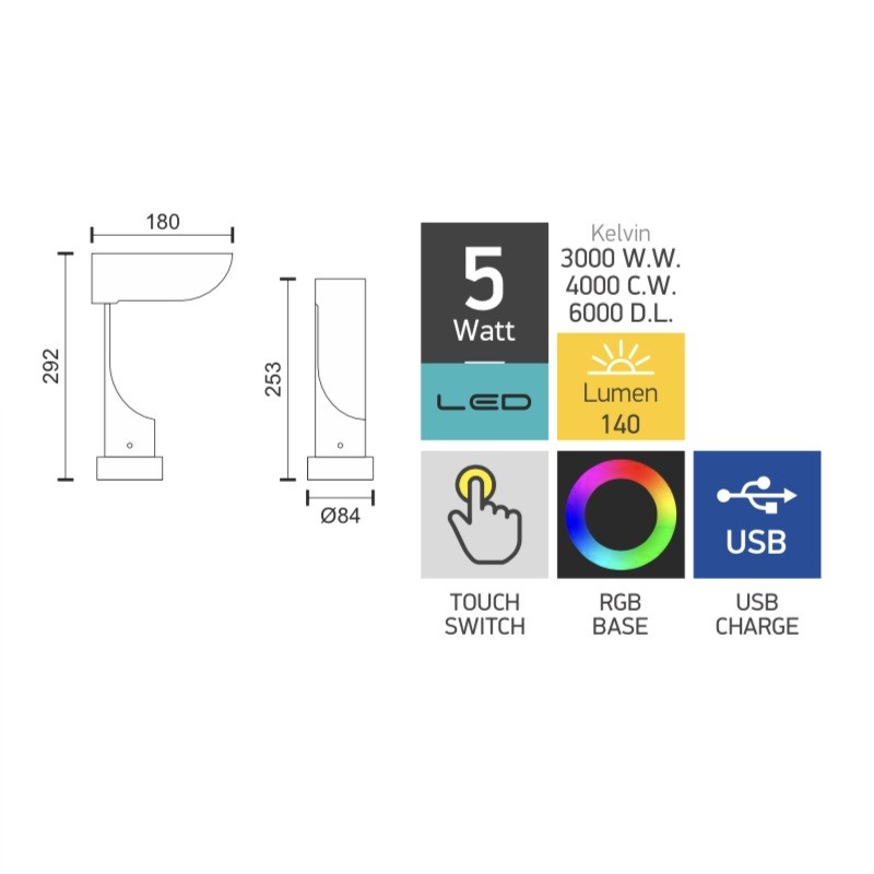 LED Επιτραπέζιο Φωτιστικό Λευκό 5Watt Dimmable 3 Color μπαταρίας/USB