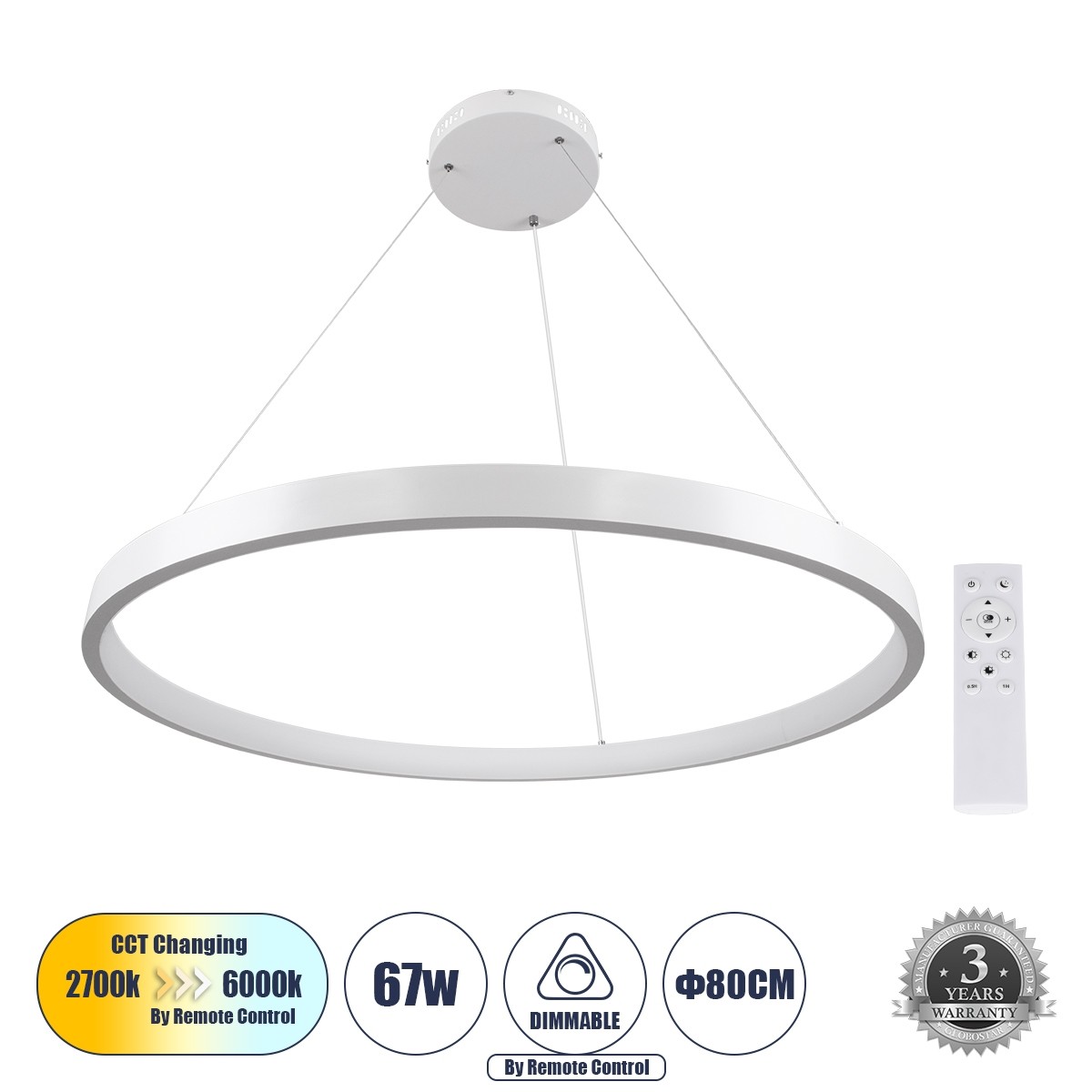 LED Κρεμαστό Φωτιστικό Οροφής NEMESIS 67W με Εναλλαγή Φωτισμού μέσω Τηλεχειριστηρίου Dimmable Φ80cm - Λευκό