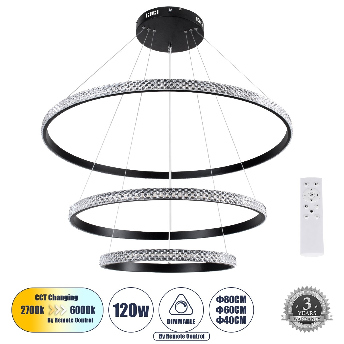 LED Κρεμαστό Φωτιστικό Μαύρο DIAMOND TRIO Κύκλος 120W με Εναλλαγή Φωτισμού μέσω Τηλεχειριστηρίου Dimmable Φ40+60+80cm - 61138