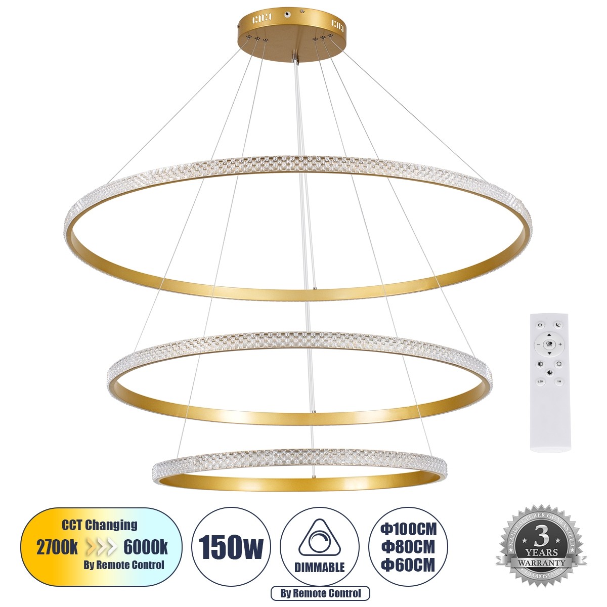 LED Κρεμαστό Φωτιστικό Χρυσό DIAMOND TRIO Κύκλος 150W με Εναλλαγή Φωτισμού μέσω Τηλεχειριστηρίου Dimmable Φ60+80+100cm - 61141