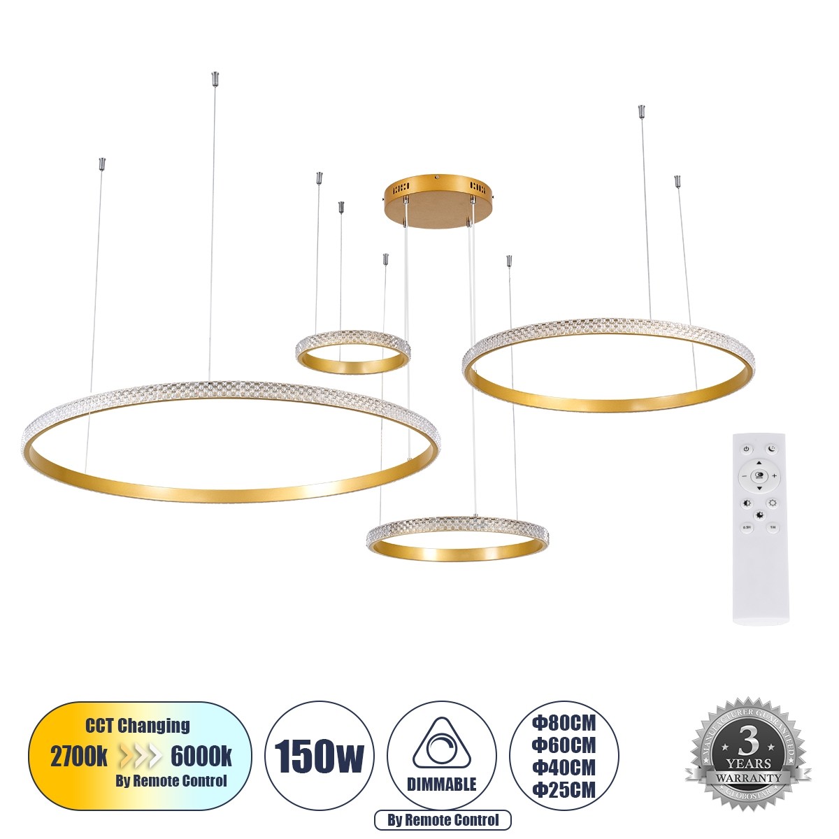 LED Κρεμαστό Φωτιστικό Χρυσό 4 Κύκλοι DIAMOND TETRA 150W με Εναλλαγή Χρωμάτων Dimmable Φ25+40+60+80cm 61149