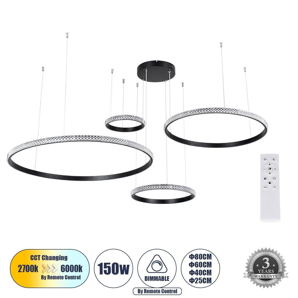LED Κρεμαστό Φωτιστικό Μαύρο DIAMOND TETRA 4 Κύκλοι 150W Εναλλαγή Φωτισμού μέσω Τηλεχειριστηρίου Dimmable Φ25+40+60+80cm 61148
