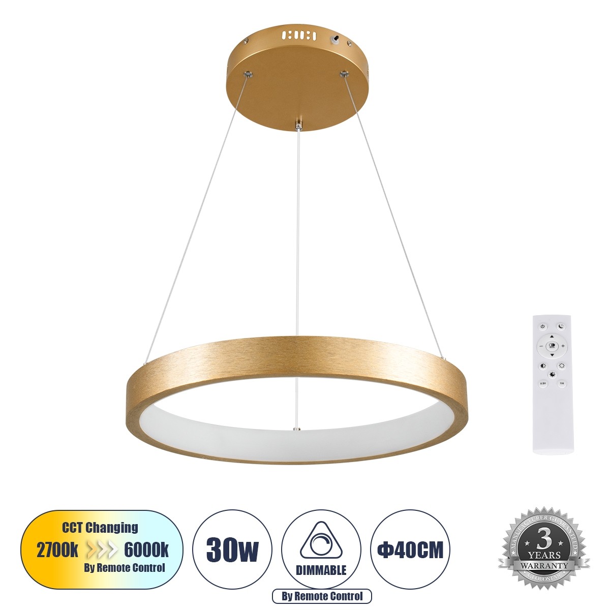 LED Κρεμαστό Φωτιστικό Οροφής NEMESIS 30W με Εναλλαγή Φωτισμού μέσω Τηλεχειριστηρίου Dimmable Φ40cm - Χρυσό