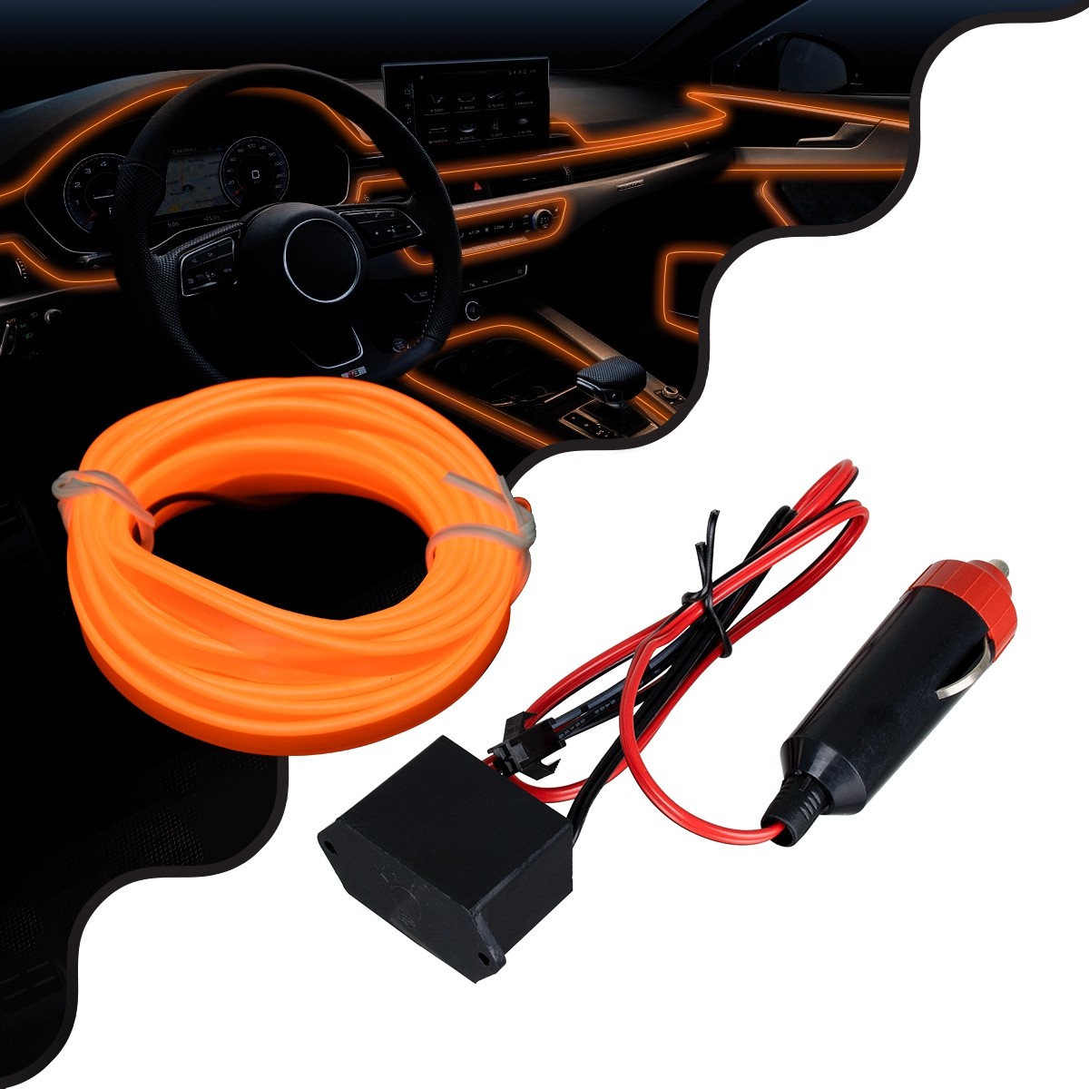 Διακοσμητική EL-Wire Neon Αυτοκινήτου Κορδόνι ΣΕΤ 3m 1W/3m 360° DC 12V με Βύσμα Αναπτήρα Αυτοκινήτου Αδιάβροχη IP68 Πορτοκαλί