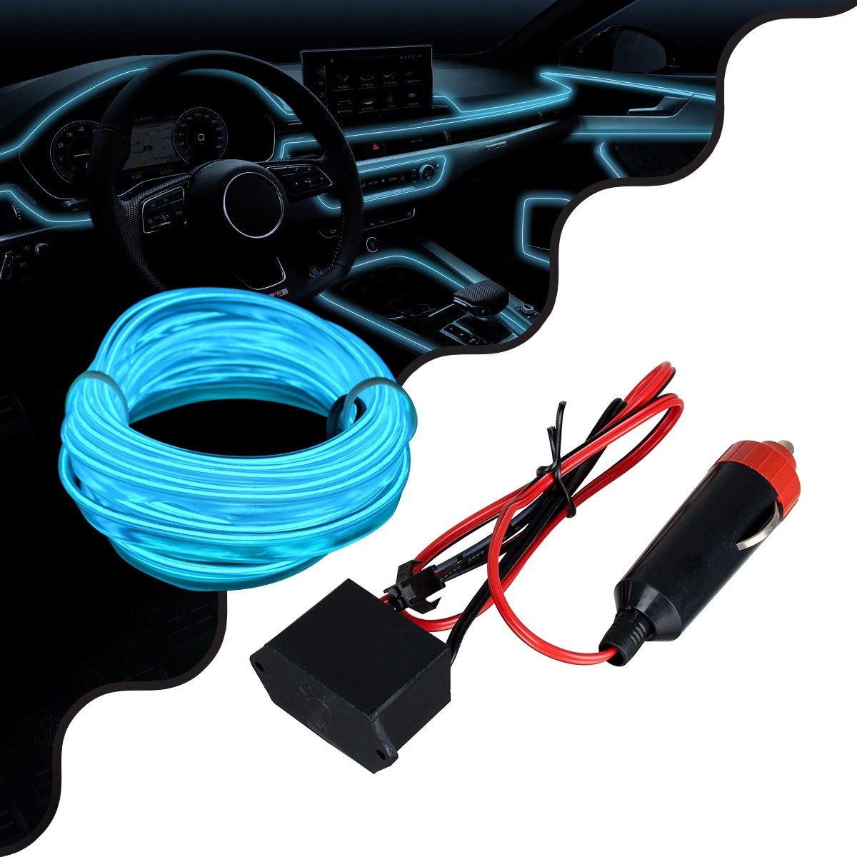 Διακοσμητική EL-Wire Neon Αυτοκινήτου Κορδόνι ΣΕΤ 3m 1W/3m 360° DC 12V με Βύσμα Αναπτήρα Αυτοκινήτου Αδιάβροχη IP68 Γαλάζιο