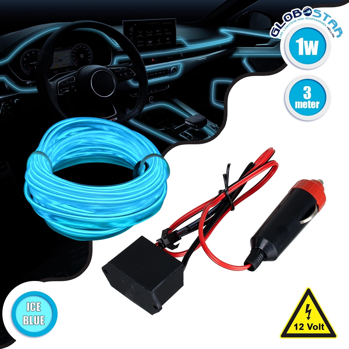Διακοσμητική EL-Wire Neon Αυτοκινήτου Κορδόνι ΣΕΤ 3m 1W/3m 360° DC 12V με Βύσμα Αναπτήρα Αυτοκινήτου Αδιάβροχη IP68 Γαλάζιο