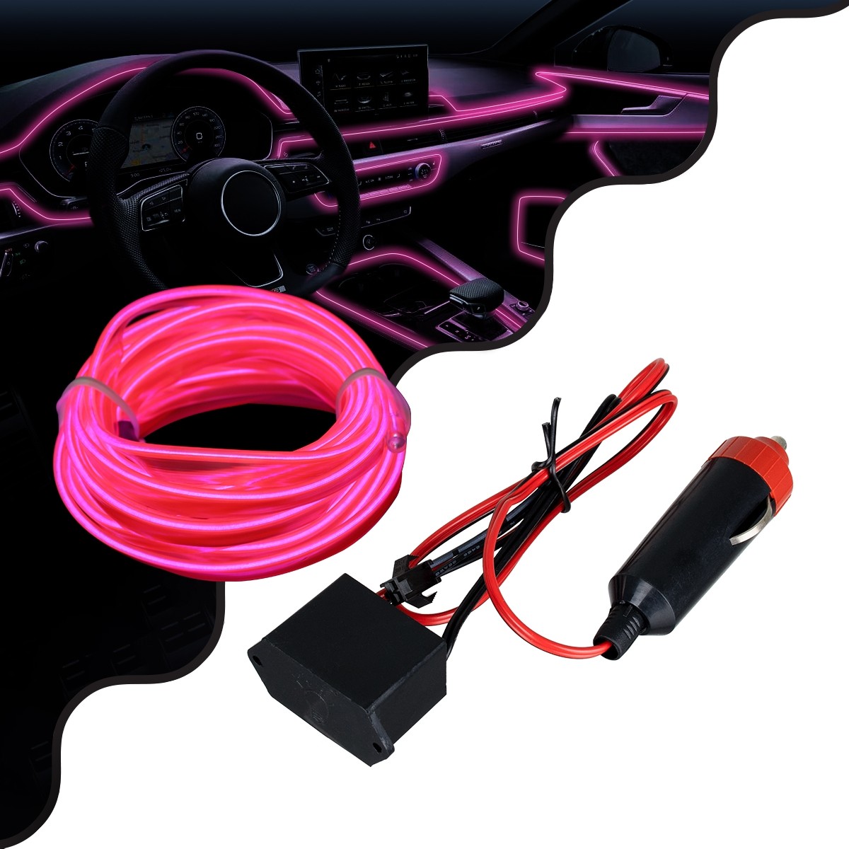 Διακοσμητική EL-Wire Neon Αυτοκινήτου Κορδόνι ΣΕΤ 3m 1W/3m 360° DC 12V με Βύσμα Αναπτήρα Αυτοκινήτου Αδιάβροχη IP68 Φούξια
