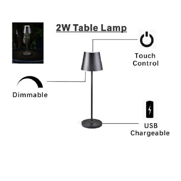 LED Επιτραπέζιο Φωτιστικό Μαύρο 2W Επαναφορτιζόμενο Διακόπτη Αφής Dimmable - 10x 10cm