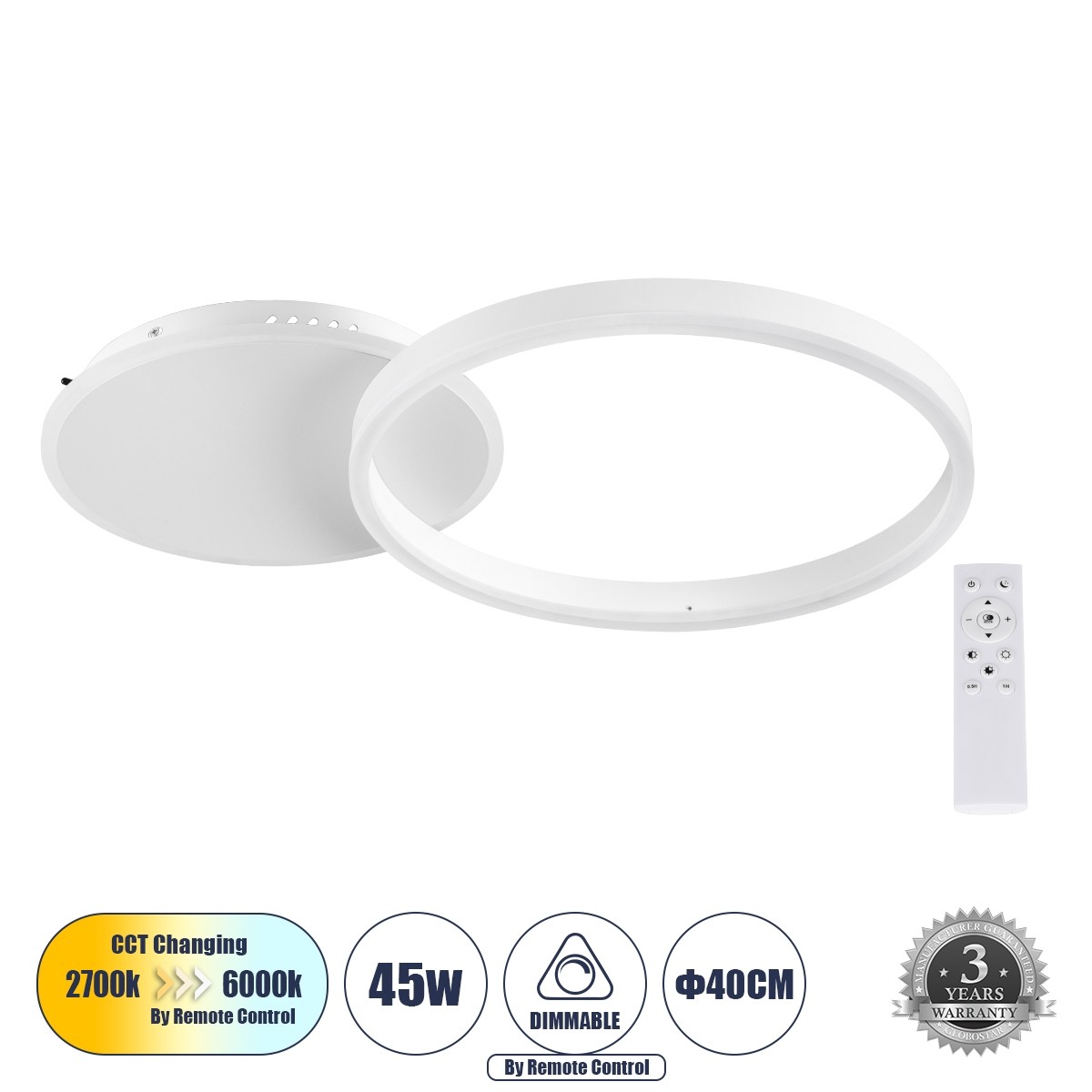 LED Φωτιστικό Οροφής Λευκό VENOM Κύκλος +Backlight 45W με Εναλλαγή Φωτισμού Φ40cm 61118