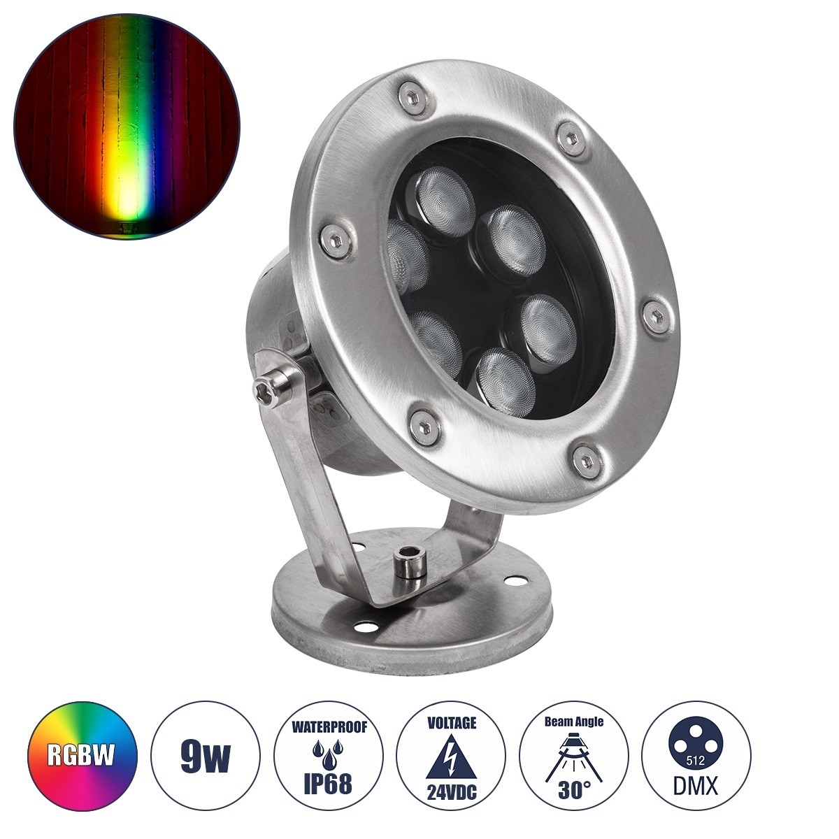 LED Φωτιστικό Υποβρύχιο Σποτ Ειδικό για Σιντριβάνια FINA 9W RGBW DMX512IP68 Φ12 x Υ14cm Ανοξείδωτο Ατσάλι 90677