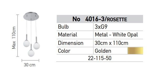 Μοντέρνο Κρεμαστό Φωτιστικό Οροφής Τρίφωτο Χρυσό - Λευκό Μεταλλικό Μπάλα Φ30 x Υ110cm