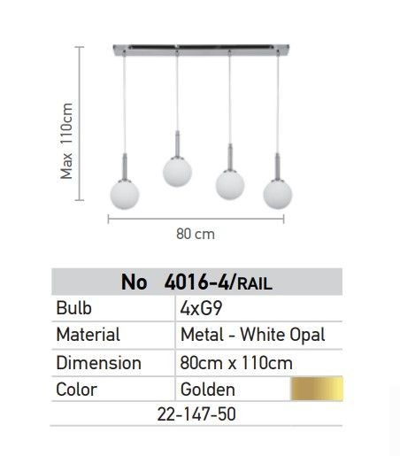 Μοντέρνο Κρεμαστό Φωτιστικό Οροφής Τετράφωτο  4016-4 Χρυσό - Λευκό Μεταλλικό