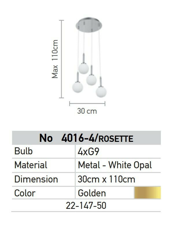 Μοντέρνο Κρεμαστό Φωτιστικό Οροφής Τετράφωτο Χρυσό - Λευκό Μεταλλικό Μπάλα Φ30 x Υ110cm