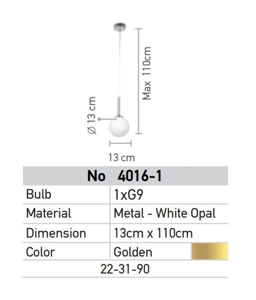 Μοντέρνο Κρεμαστό Φωτιστικό Οροφής Μονόφωτο Χρυσό  - Λευκό Μεταλλικό Μπάλα Φ13 x Υ110cm