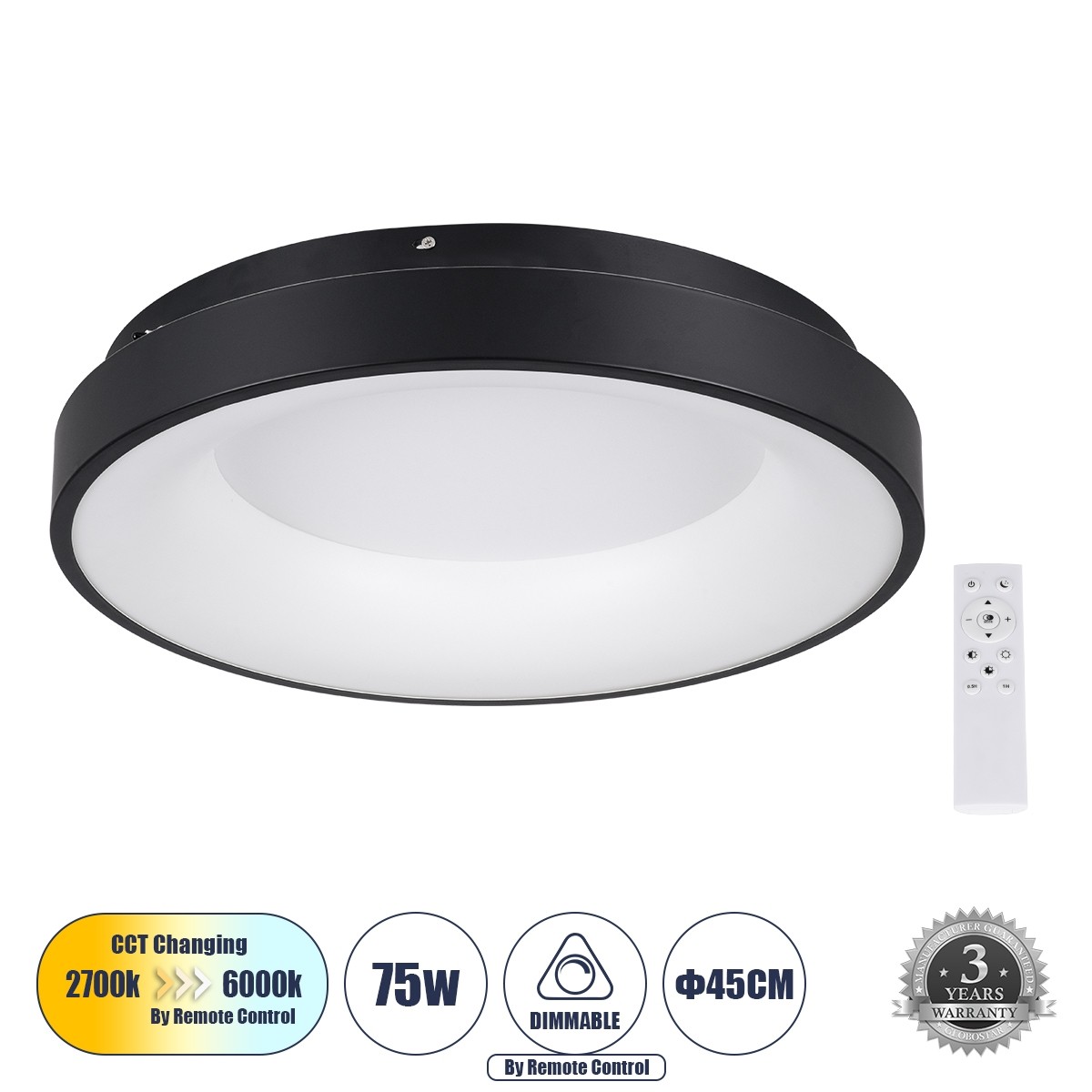 LED Πλαφονιέρα Οροφής SALEM 75W με Εναλλαγή Φωτισμού Dimmable Φ45cm - Μαύρο 61233