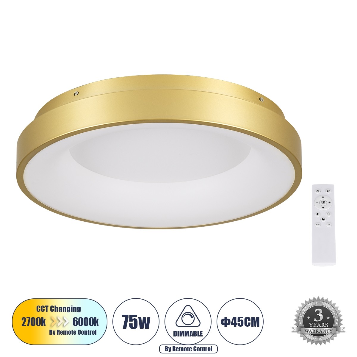 LED Πλαφονιέρα Οροφής SALEM 75W με Εναλλαγή Φωτισμού Dimmable Φ45cm - Χρυσό Σαμπανιζέ 61235