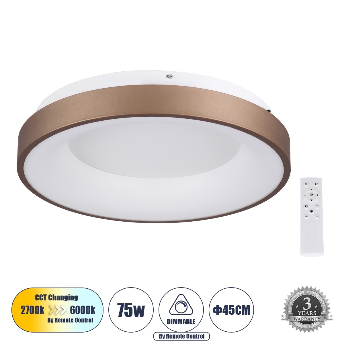 LED Πλαφονιέρα Οροφής SALEM 75W με Εναλλαγή Φωτισμού Dimmable Φ45cm - Καφέ Χάλκινο 61236