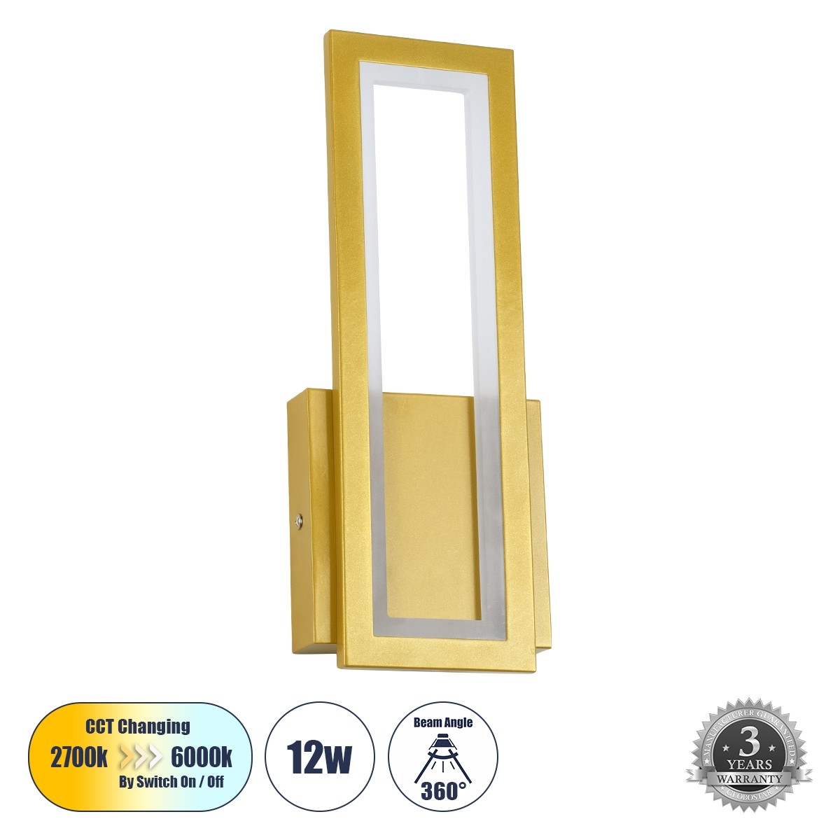 LED Φωτιστικό Τοίχου - Απλίκα Χρυσή TIARA 12W με Εναλλαγή Φωτισμού μέσω Διακόπτη On/Off Μ12.5 x Π4 x Υ32cm 61328
