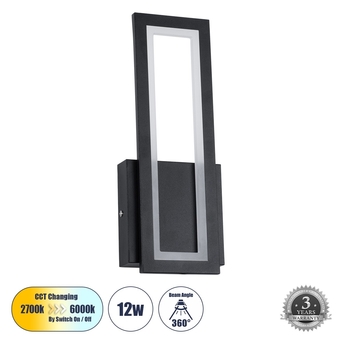 LED Φωτιστικό Τοίχου - Απλίκα Μαύρη TIARA 12W με Εναλλαγή Φωτισμού μέσω Διακόπτη On/Off Μ12.5 x Π4 x Υ32cm 61327