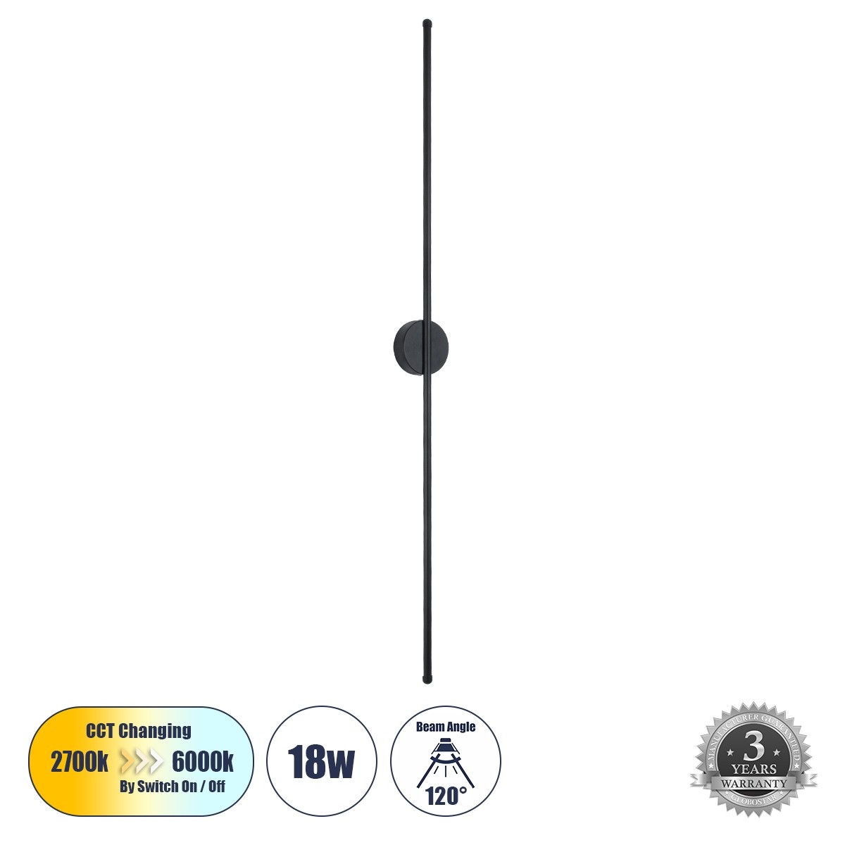 Led Γραμμικό Φωτιστικό Τοίχου - Απλίκα DIADEM 18Watt Μαύρο με Εναλλαγή Φωτισμού Μ10 x Π4 x Υ120cm 61333