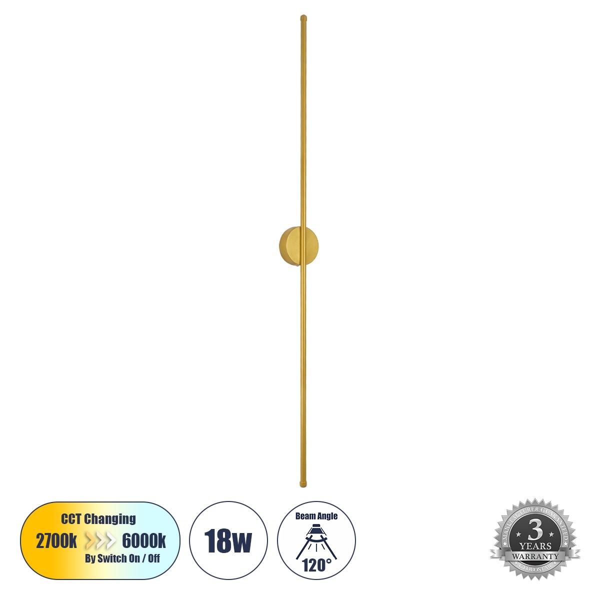 Led Γραμμικό Φωτιστικό Τοίχου - Απλίκα DIADEM 18Watt Χρυσό με Εναλλαγή Φωτισμού Μ10 x Π4 x Υ120cm 61334