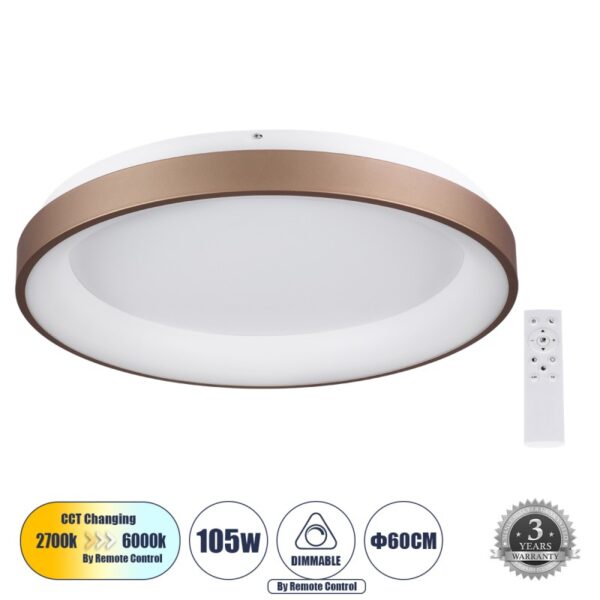 LED Πλαφονιέρα Οροφής SALEM 105Watt με Εναλλαγή Φωτισμού Dimmable Φ60cm - Καφέ Χάλκινο 61240