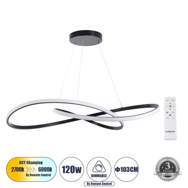 LED Κρεμαστό Φωτιστικό Οροφής DEXTER 120Watt Φ103cm με Εναλλαγή Φωτισμού μέσω Τηλεχειριστηρίου Dimmable Mαύρο 60917