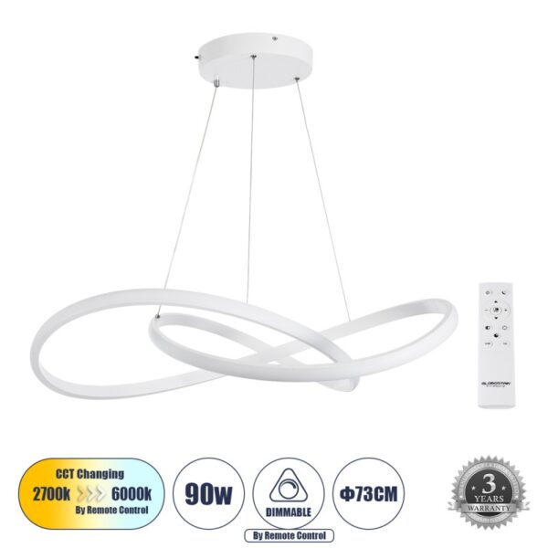 LED Κρεμαστό Φωτιστικό Οροφής DEXTER 90Watt Φ73cm με Εναλλαγή Φωτισμού μέσω Τηλεχειριστηρίου Dimmable Λευκό 60914